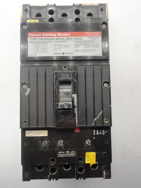 GE THLC234200 MOLDED CASE CIRCUIT BREAKER 3 POLE 200A 480VAC T20681
