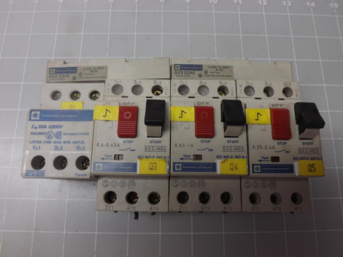 LOT OF 4 TELEMECANIQUE GV2-M03 GV2-M04 GV2-M05 GV2-G05 STARTERS T48799