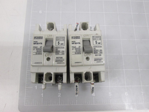 LOT OF 2 MITSUBISHI NF30-FA 5 AMP CIRCUIT BREAKER T57482