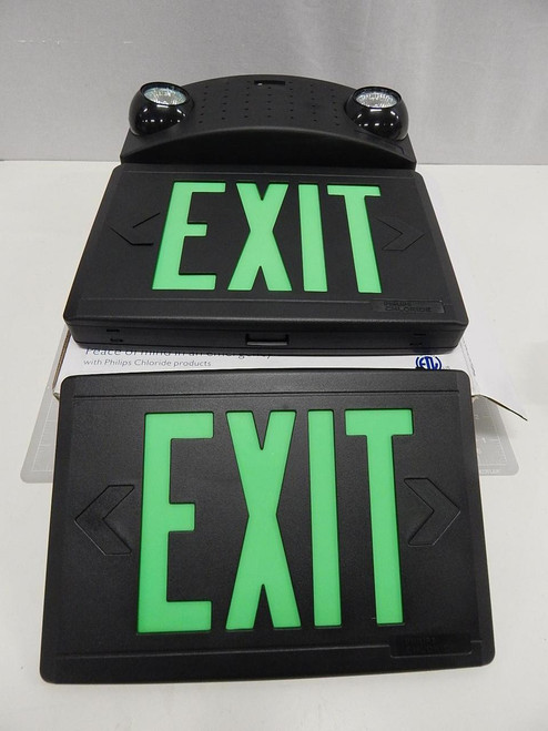 PHILIPS CHLORIDE CCAXL3GBTD LED BLACK ALUMINUM EXIT SIGN WITH DOUBLE REMOTE EMERGENCY HEAD LIGHTS T60931
