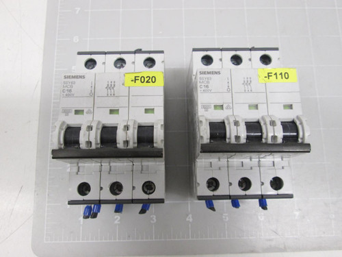 LOT OF 2 SIEMENS 5SY63 16A 3POLE SUPPLEMENTARY PROTECTOR T61300