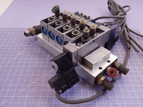 LOT OF 5 FESTO MFH-5-1/8 NPT SOLENOID VALVES W/ MANIFOLD T98262