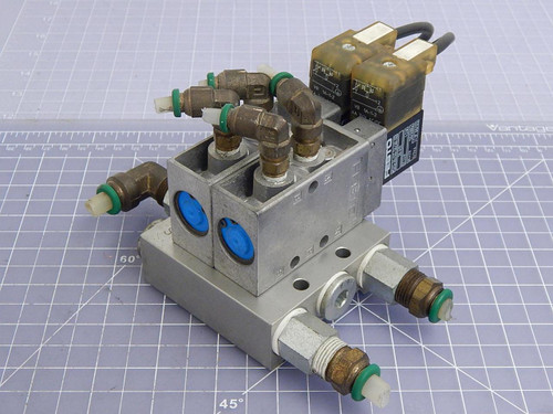 Lot of 2 Festo Typ 11898 PRS-1/8-2 B, Typ 9765 MFH-5-1/8 NPT Solenoid Valves w/ Manifold T100698 For Sale