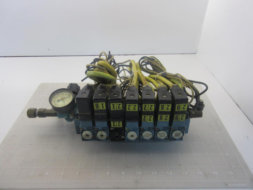 LOT OF 7 MAC 613B-11-111JB SOLENOID VALVES W/ MANIFOLD ASSEMBLY T52960