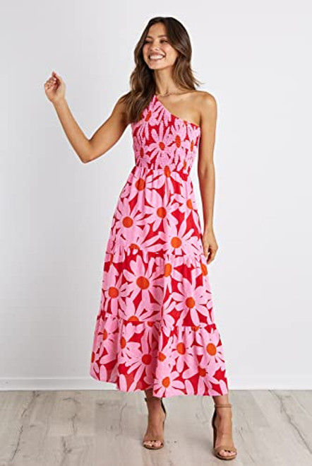 BTFBM Women One Shoulder Sleeveless Casual Summer Dresses 2023 Smocked High Waist Floral Flowy Beach Boho Maxi Dress(Floral Red, Small)