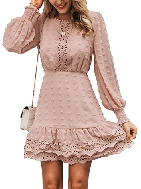 Miessial Womens Fashion Long Sleeve Chiffon Lace Mini Dress Ruffle Aline Casual Short Dress Nude Pink 12
