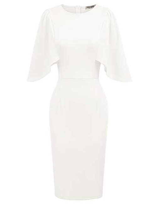 GRACE KARIN Womens Elegant Round Neck Hips-Wrapped Office Midi Pencil Dress White 2XL