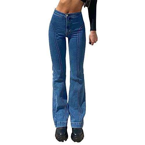 LONGBIDA Womens Bell Bottom High Waisted Pull On Skinny Straight Fit Flare Denim Jeans(Blue,M)