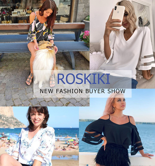 ROSKIKI Womens Strappy Cold Shoulder Bell Sleeve Shirts Casual Loose Blouses Tops M White