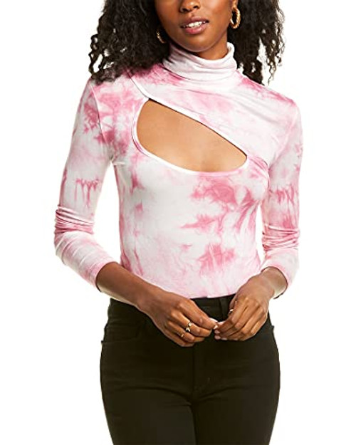 KENDALL + KYLIE Womens Turtleneck Bodysuit With Cut-out - Pink Tie Dye-Small