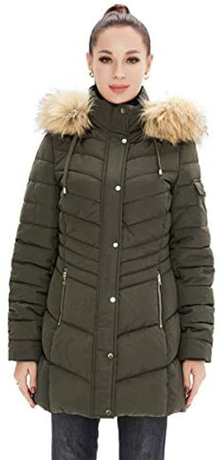 Polu Womens Slim Fit Down Jackets Long Sleeve Thicken Puffer Jackets Drawstring Removable Fur Trim Hood Coats
