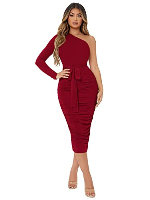 Floerns Womens One Shoulder Long Sleeve Ruched Party Bodycon Long Dress Burgundy XS