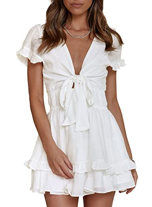 AlvaQ Womens Spring Summer Knot Front V Neck Ruffles Short Sleeve Swing Mini Dress Sundresses White Large