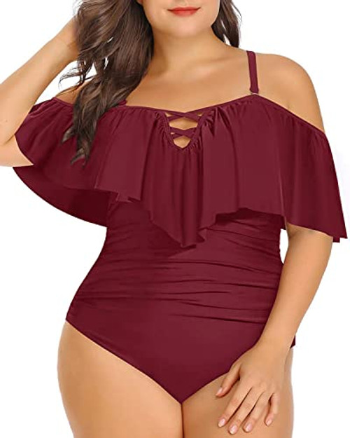 Daci Women Wine Red Plus Size One Piece Swimsuits Tummy Control Ruffle Off Shoulder Bathing Suits 22 Plus