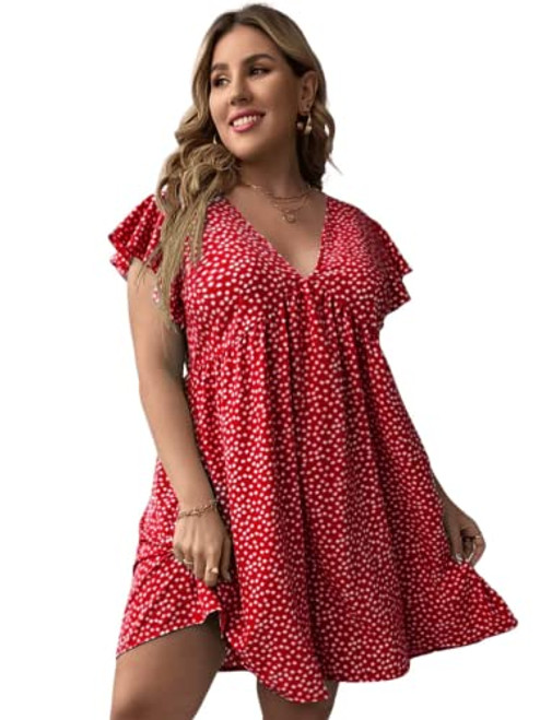 Floerns Womens Plus Size Floral V Neck Ruffle Sleeve Short Summer Dress A Red 2XL