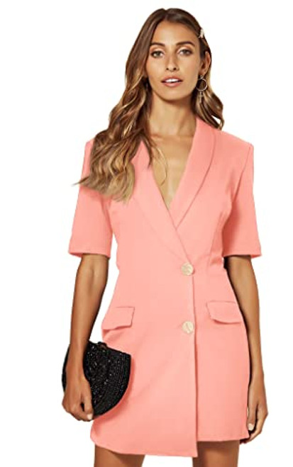 UNIQUE21 Women Luxe Stain Breasted Asymmetric Blazer Dress - Ladies Elegant Casual Work Office Events Blazer Dresses (8, Z Blush Pink)