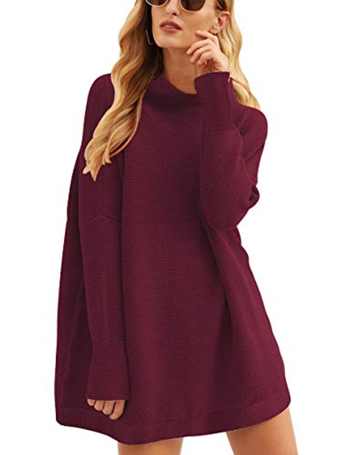 Calbetty Women’s Casual Batwing Long Sleeve Turtleneck Oversized Red Chunky Ribbed Knit Sweaters Tunic 27CB7-jiuhong-L