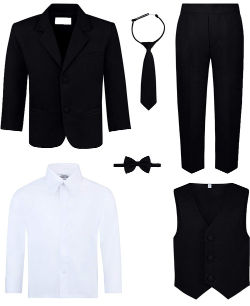 S.H. Churchill & Co. Boys 6-Piece Suit Set - Includes Suit Jacket, Dress Pants, Matching Vest, White Dress Shirt, Neck Tie & Bow Tie - Black, 10