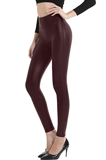 Retro Gong Womens Faux Leather Leggings Stretch High Waisted Pleather Pants Wine Red