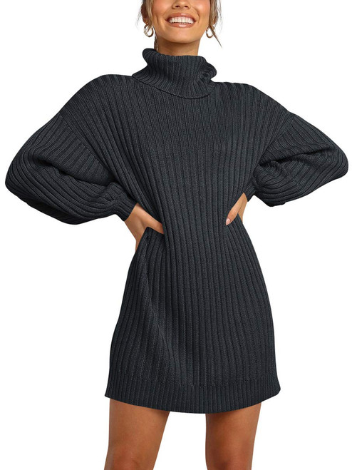 LOGENE Womens Sweater Dress Turtleneck Long Balloon Sleeve Ribbed Knitted Casual Chunky Dress 2023 Fall Winter Oversized Fashion Outfits (Black, XS) 240-hei-XS