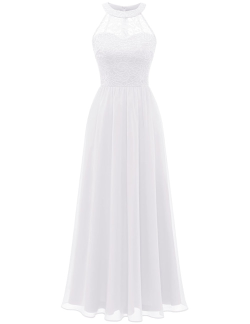 Wedtrend Halter Floral Lace Long Chiffon Wedding Bridesmaid Dress Cocktail Party Gown WT0201WhiteL