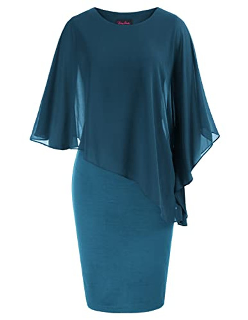 Hanna Nikole Womens Casual Chiffon Cape Layered Ruffle Sleeve Cocktail Party Dress Blue Medium