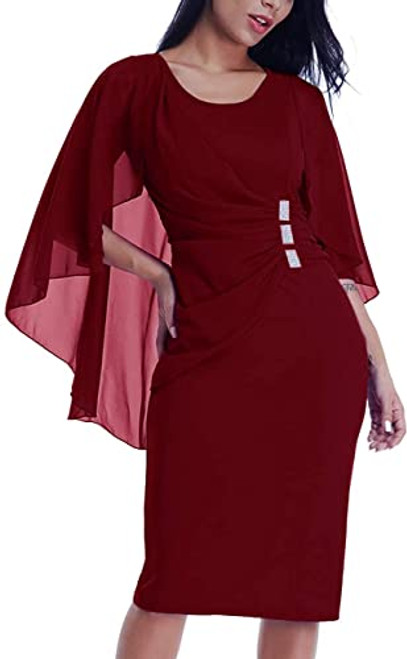 LALAGEN Womens Chiffon Plus Size Ruffle Flattering Cape Sleeve Bodycon Party Pencil Dress Red XXL