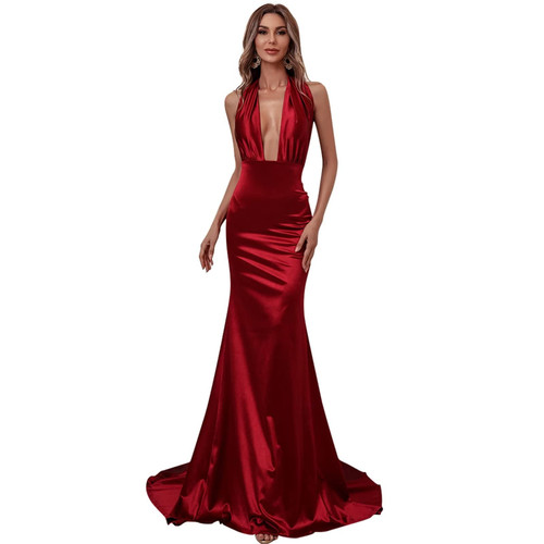 Miss Ord Miss ord Womens   V Neck Bodycon Evening Gown, Formal Elegant Long Halter Party Dress Red