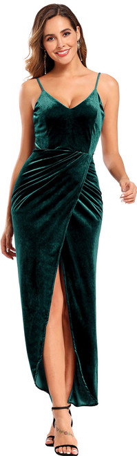 Ababalaya Elegant Spaghetti Strap Velvet Holiday Party Dresses for Women, Green, XL