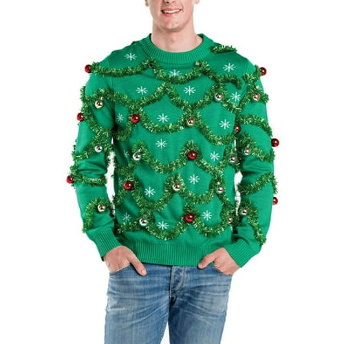Tipsy Elves Mens Gaudy Garland Sweater - Tacky Christmas Sweater w/Ornaments (Medium) Green