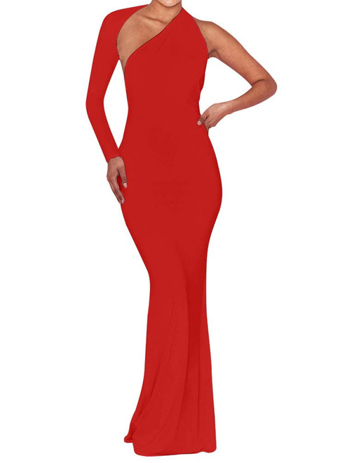 BEAGIMEG Womens  Elegant One Shoulder Backless Evening Long Dress Red