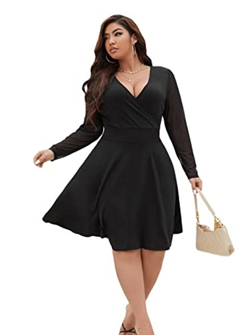 WDIRARA Womens Plus Size Deep V Neck Mesh Long Sleeve Flared A Line Dress Black 2XL