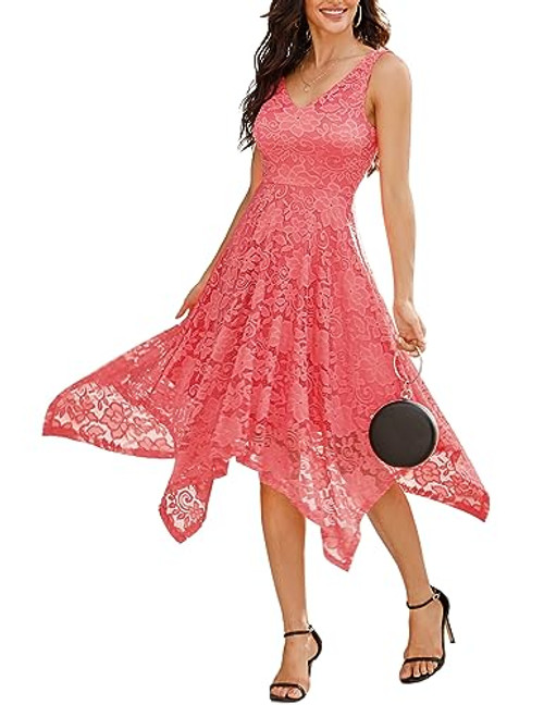 Meetjen Womens Summer Wedding Guest Dress Classy A Line Sleeveless Lace Homecoming Prom Beach Party Dress Coral 4XL