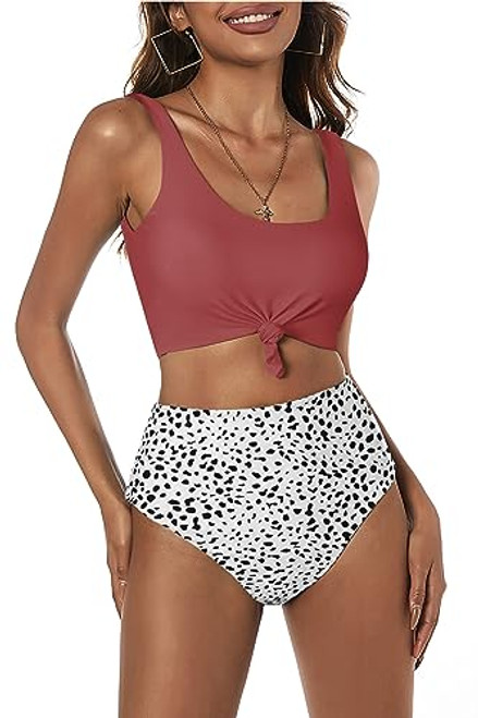 ZAFUL Womens Knotted Front Tankini Set High Waisted Bikini Scoop Neck Two Pieces Swimsuit (Red&White-Dalmatian, XL)