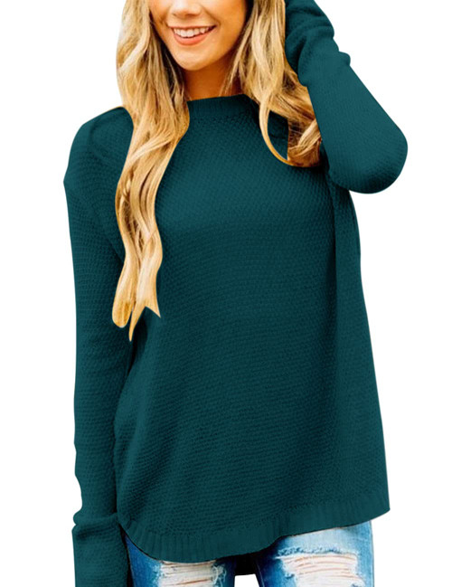 MEROKEETY Womens Long Sleeve Oversized Crew Neck Solid Color Knit Pullover Sweater Tops, TealGreen S