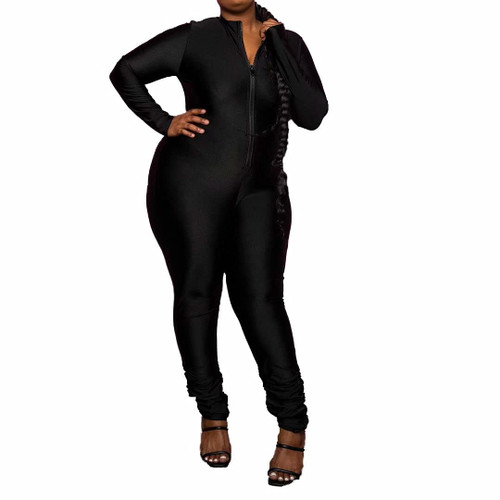 IYMOO IyMoo Long Sleeve Romper for Women - Plus Size Zip V Neck Bodycon Long Pants Jumpsuits Catsuits Playsuits 329 Black 3XL