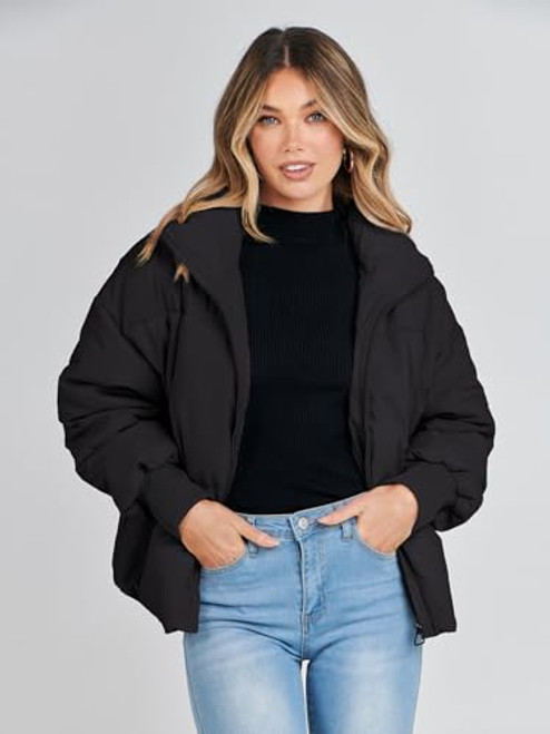 MEROKEETY Womens 2023 Winter Long Sleeve Zip Puffer Jacket Pockets Baggy Short Down Coats,Black,L