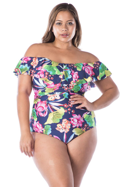 La Blanca Womens Plus Size Off Shoulder Ruffle One Piece Swimsuit, Navy/Floral Print, 18W