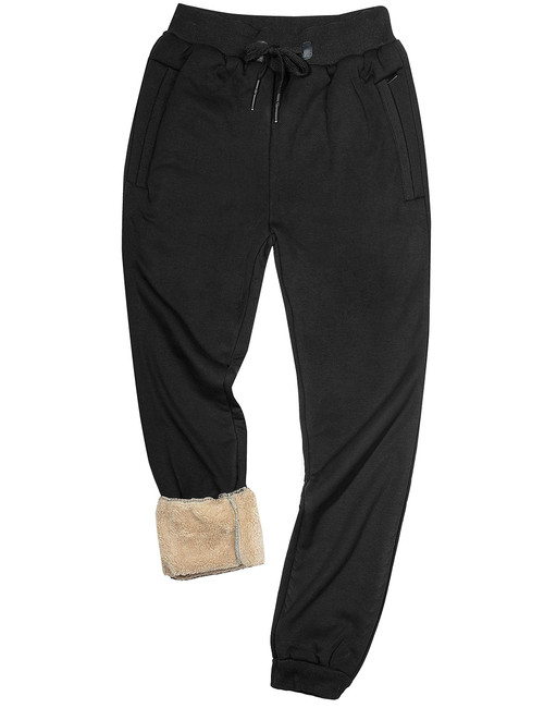 Yeokou Mens Winter Warm Sherpa Lined Active Thermal Jogger Fleece Sweatpants Pant (XX-Large, Black-Ribbed Cuff)