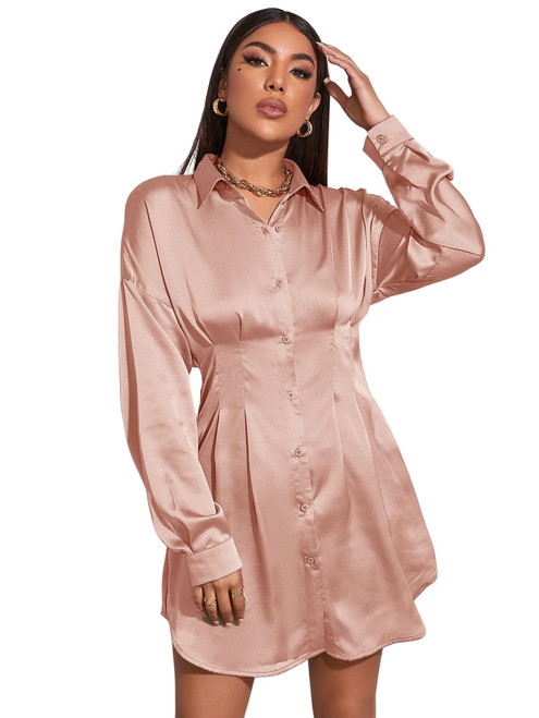 Floerns Womens  Long Sleeve V Neck Button Front Short Shirt Dress Coral Pink L