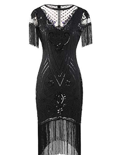 FAIRY COUPLE Womens 1920s Plus Size Lace Neck Great Gatsby Dress Sequin Art Deco Flapper Dress with Sleeve D20S028 2XL Glam Black