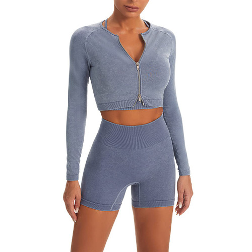 IWEMEK Women Seamless Acid Wash Yoga Workout Sets 2 Piece Tracksuits Two Way Zipper Long Sleeve Crop Top + High Waist Leggings Shorts Athletic Gym Clothes Set Zipper-Blue Grey Medium