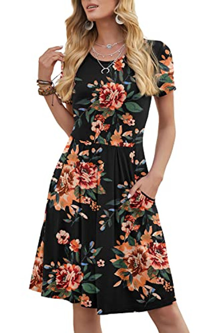 DouBCQ Womens Casual Short Sleeve Flowy Pleated Loose Dresses with Pockets (Brown Floral Black, XL)