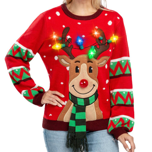 Joyin JOYIN Womens LED Light Up Reindeer Ugly Christmas Sweater Built-in Light Bulbs (Red, Large)