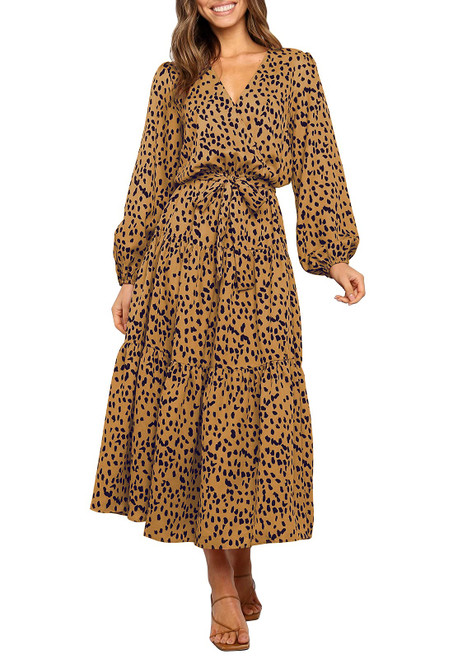 MITILLY Womens Boho Leopard Print Ruffle Long Sleeve V Neck Casual Flowy Party Maxi Dress Brown X-Large