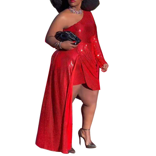 VERWIN Plus Size Floor-Length Print Half Lantern Sleeve Floral Womens Maxi Dress Expansion Dress (Red Sequin, x_l)