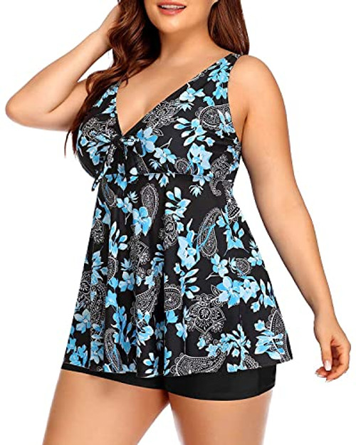 Yonique Two Piece Plus Size Tankini Swimsuits for Women Flowy Bathing Suits with Shorts Tummy Control Swimwear Blue Paisley 16plus