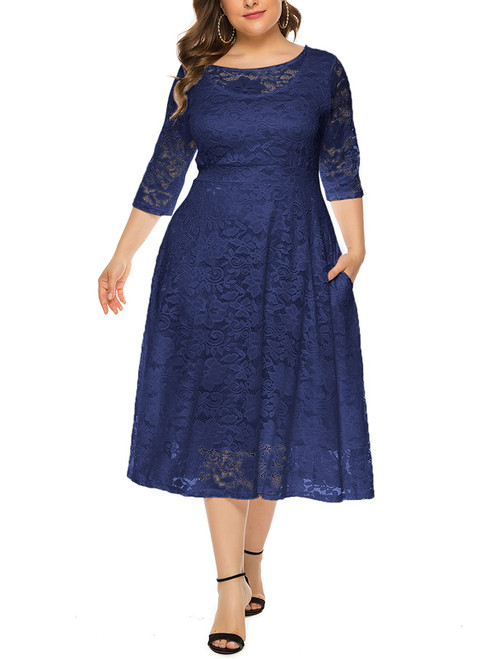 Tempotrek Women’s Plus Size Lace Dress 3/4 Sleeves Elegant Dress with Pocket Navy