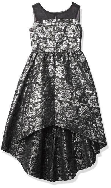 Amy Byer Girls' High Low Fit and Flare Dress, Black/Silver Floral, 12