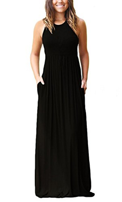 GRECERELLE Womens Round Neck Sleeveless A-line Casual Maxi Dresses with Pockets Black